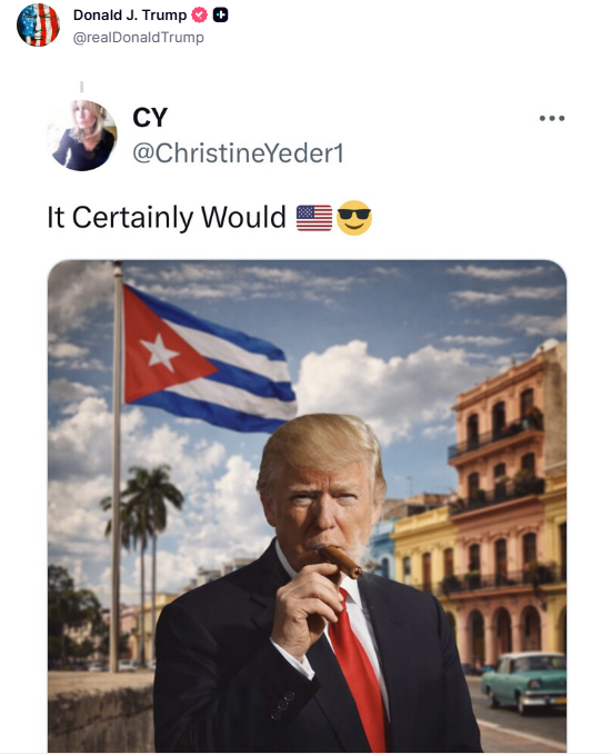 Trump hämmensi keskustelua uudelleenjulkaisemalla somessaan tekoälykuvan, jossa hän polttaa kuubalaista sikaria Havannassa.