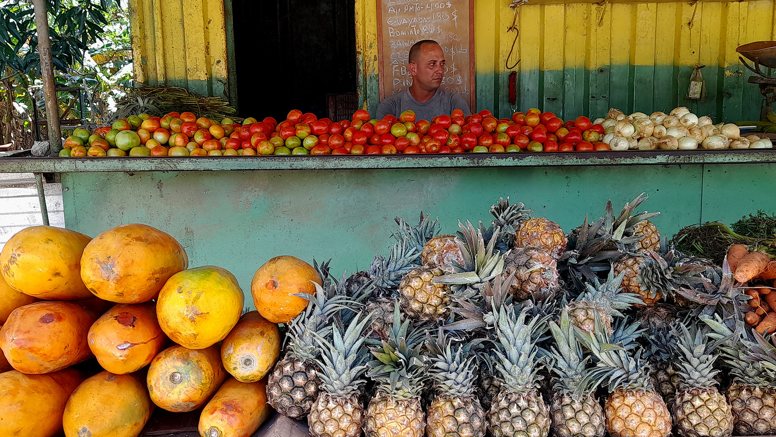 Myyjä odottaa asiakkaita yksityisellä myyntipisteellä Havannassa. Uusi säädös joustavoittaa kuubalaisten maataloustuotteiden jakelua.
